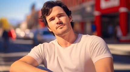 A man sitting and dreaming on the streets of the city.