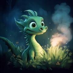 Fototapeta na wymiar Cute happy mischievous young green dragon, fantasy illustration, playful, outdoors, forest setting. Generative AI.
