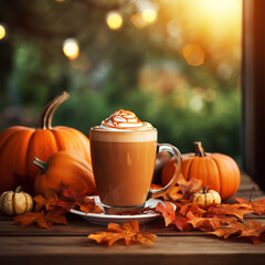A latte coffee on a wood dining table surrounded by fall themed decorations like pumpkins, leaves and cinnamon sticks. - obrazy, fototapety, plakaty