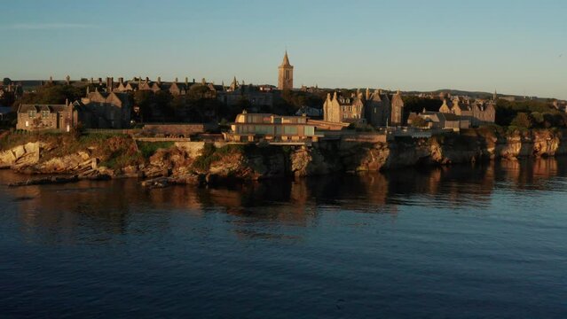 Aerial shot of St. Andrews in Scotland, United Kingdom, historical town by the water
