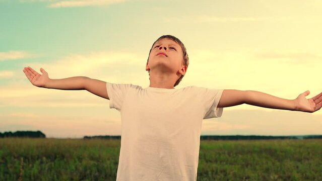 Child dreams, plays in park against sky. Child raised his hands to sky in park at sunset, true faith. Little boy prays against sky. Religion and God, childhood dreams. Happy family. Boy look to sky