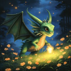 Fototapeta premium Cute happy mischievous young green dragon, fantasy illustration, playful, outdoors, forest setting. Generative AI.