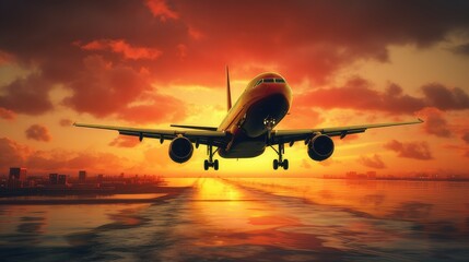 Fototapeta na wymiar Large passenger airplane flying into the sunset. generative AI