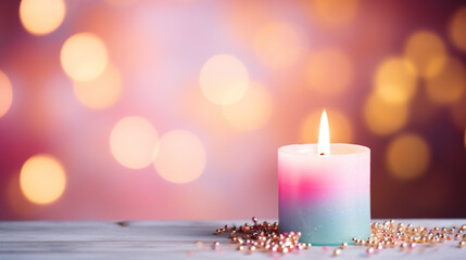 Candle with pastel colored lights soft bright bokeh background, copy space, festive, birthday, Christmas, Happy New Year, party concept background meditation