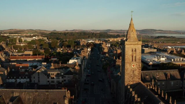 Aerial shot of St. Andrews in Scotland, United Kingdom, historical town by the water