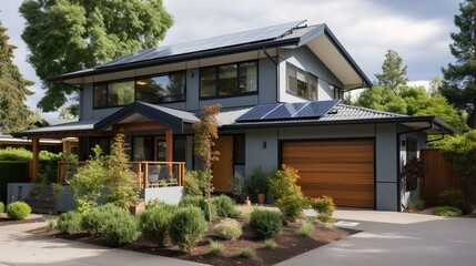 Sustainable house concept equipped with solar panels.