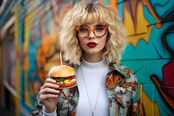Girl holding a hamburger in front of graffiti wall