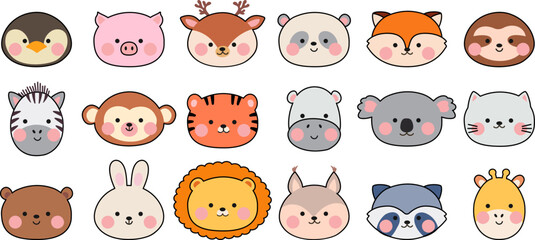 Kawaii faces animal avatars. Cute animals icons, zoo asian style cartoon characters. Funny chinese or korean stickers nowaday vector set