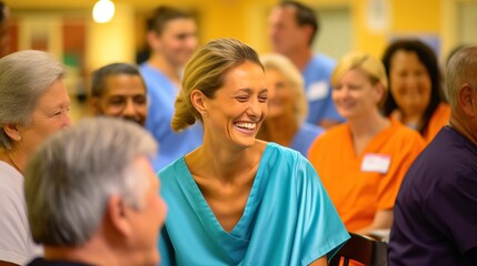 Fototapeta premium A diverse group of individuals, therapists, and patients celebrate stages of recovery in a medical setting.