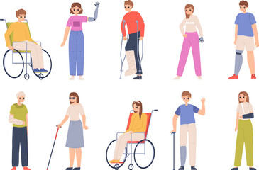 Disabled people group, young adult with injury. Disability woman and man, disabilities and technologies. Hospital patients snugly vector characters