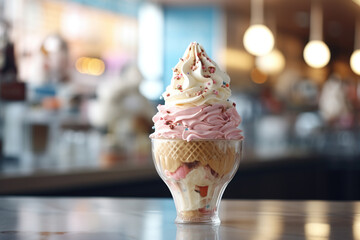 Soft Ice cream in cafe at the glass counter with a warm and friendly atmosphere during summer