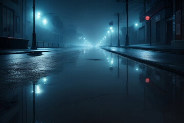 Dark street, wet asphalt, reflections of rays in the water. Abstract dark blue background.
