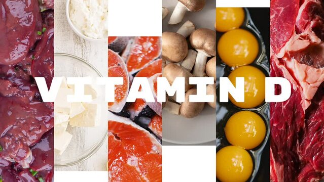 White inscription "VITAMIN D" appearing on a background of photos of most common food where you can find it on a white background, 4k 2D animation