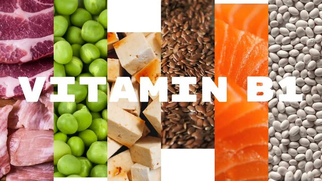White inscription "VITAMIN B1" (thiamine) appearing on a background of photos of most common food where you can find it on a white background, 4k 2D animation