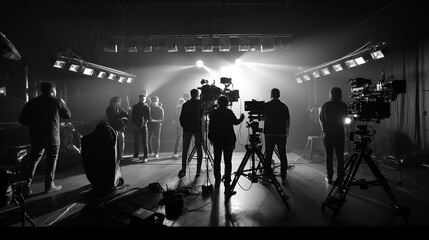 Behind the scene of film production in the studio. Movie making scene in black and white.