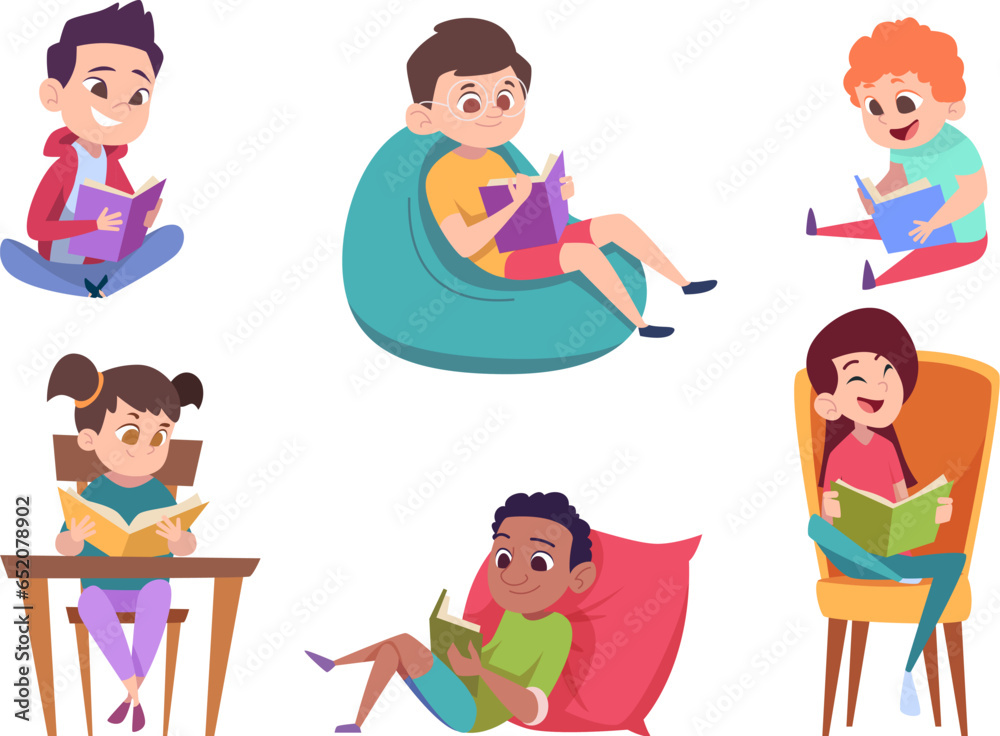 Canvas Prints Kids reading books. Happy little people holding walking and sitting with books education in library exact vector cartoon template