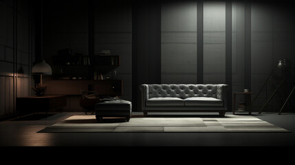 dark modern room with sofa and lighting, AI Generation