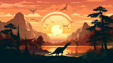 dinosaur on the background of trees and sunset, AI Generated
