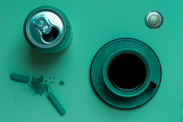 Coffee on a table with cyan color composition, colorful minimalist, tidy desk with office objects,...