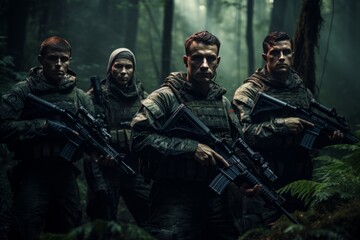 Military men in the forest with rifles and camouflage