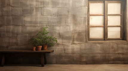 rustic wall with window and plants, AI Generated