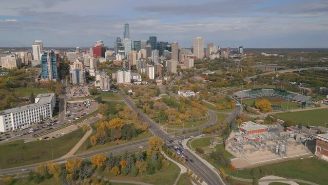 Aerial view of Edmonton skyline with traffic