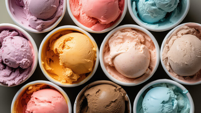 Top view of delicious scoops of creamy ice cream in different colors and flavors. Wallpaper with Milky tasty ice cream balls. 
