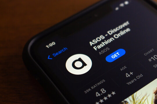 Vancouver, CANADA - Sep 18 2023 : ASOS App seen in App Store in iPhone. ASOS plc is a British online fashion and cosmetic retailer. It primarily aimed at young adults.