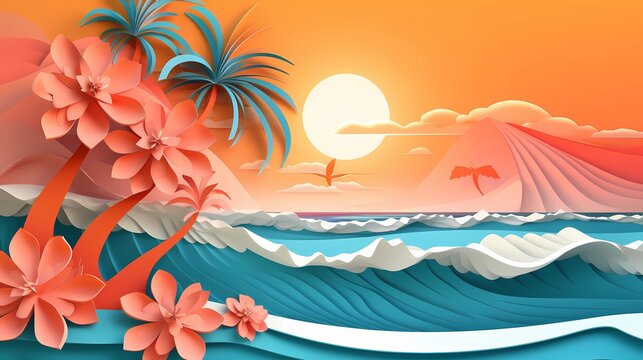 Sea beach summer background. Seashore with palm tree and sand, water waves splashing in papercut. Concept Art Scenery. Book Illustration. Serious Digital Painting. CG Artwork Background. Generative AI