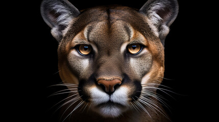 Close up portrait of a Puma. Cougar, mountain lion head on black background - obrazy, fototapety, plakaty