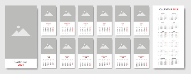 Wandkalender 2024 Hochformat mit einzelnen Monaten, Platz für Foto, plus Jahreskalender 2025, Wochenstart Montag