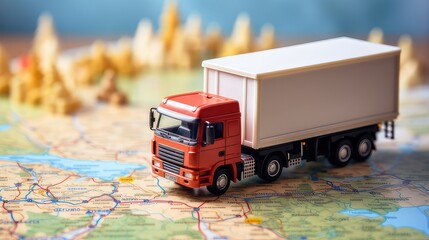Small toy truck on top of a map to show concept of transport and shipping. generative AI