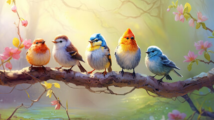 funny little birds sit on a branch in a spring Sunny Park and chirp