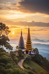 two pagoda at the inthanon mountain at sunset, chiang mai, thailand.inthanon mountain is the