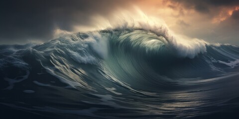 Dramatic breaking crashing wave in the ocean, large with ominous cloudy sky, white crested. Generative AI. 

