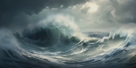 Dramatic breaking crashing wave in the ocean, large with ominous cloudy sky, white crested. Generative AI. 

