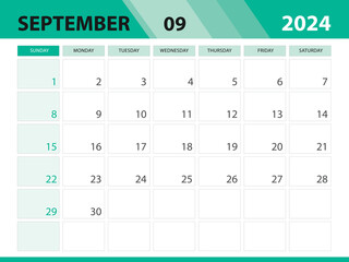 September 2024 template, Calendar 2024 template vector, planner monthly design, Desk calendar 2024, Wall calendar design, Minimal style, advertisement, poster, printing media, green background concept