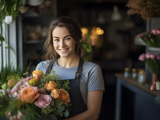 Woman Charming Florist Shop Owner: Smiles Amidst Idyllic Rural Scenes in Light Gray and Light Bronze