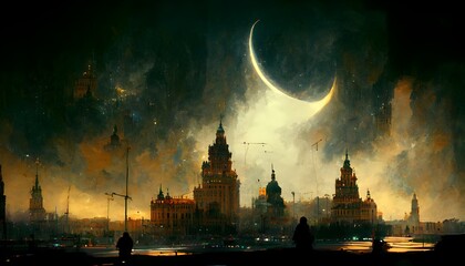 the city of the lost gods arcane night sky golden eyes watching dark silhouettes fear realism 8k quality  - obrazy, fototapety, plakaty