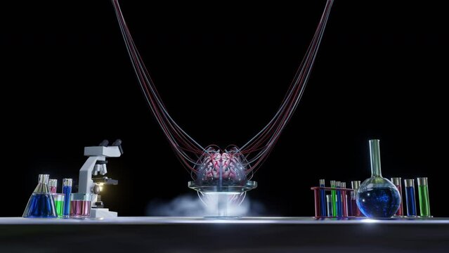 Human Brain Wired In Lab Network Loop
3D brain connected to wires in a preserving lab communicating through neural network. Animation depicting future brain machine interface, AI, machine learning.