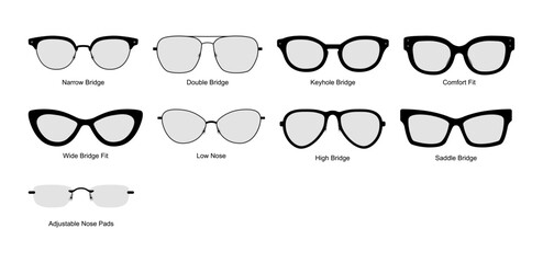 Frame Bridge Types Eye frame glasses fashion accessory illustration. Sunglass front view for Men, women, unisex silhouette style, flat rim spectacles eyeglasses with lens sketch style outline isolated