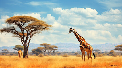 Giraffes in the African savannah. Serengeti National Park. Africa. Tanzania.