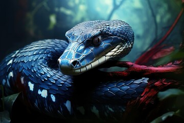 Blue viper snake closeup face, a Captivating Closeup Portrait of the Enigmatic Blue Viper Snake