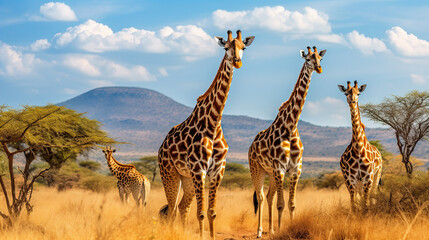 Giraffes in the African savannah. Serengeti National Park. Africa. Tanzania. - obrazy, fototapety, plakaty