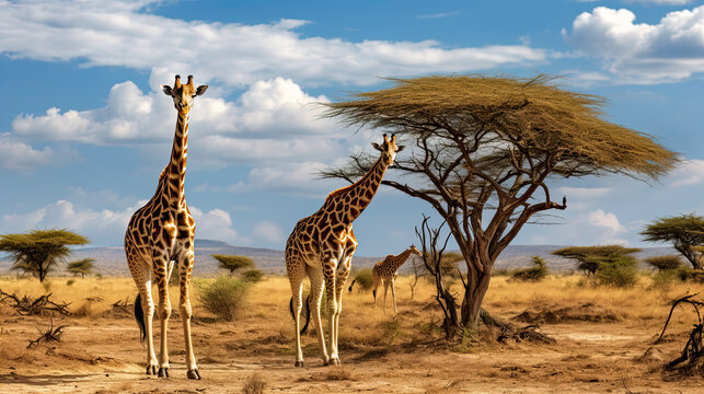 Giraffes in the African savannah. Serengeti National Park. Africa. Tanzania.