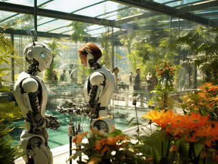 Futuristic Botanical Garden with Robot Caretakers