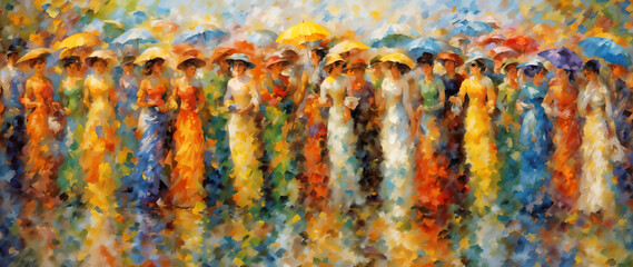 hard brush painting of women with umbrelas, banner, wallpaper