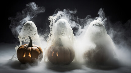 Halloween jack-o-lantern with ghost silhouette, decoration background, mist atmosphere