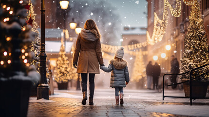 Christmas street,  mother and daughter - obrazy, fototapety, plakaty