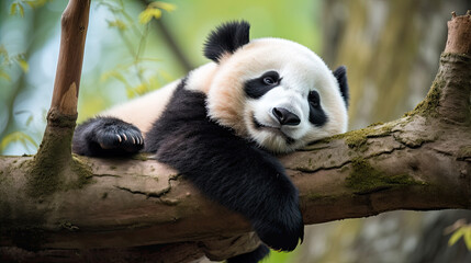 Lazy Panda Bear Sleeping on a Tree Branch, China Wildlife. Bifengxia nature reserve, Sichuan Province.